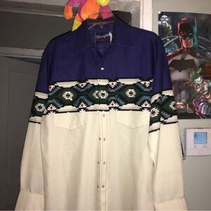 Vintage Wrangler Aztec Pattern Button up Cowboy Shirt Size Large
